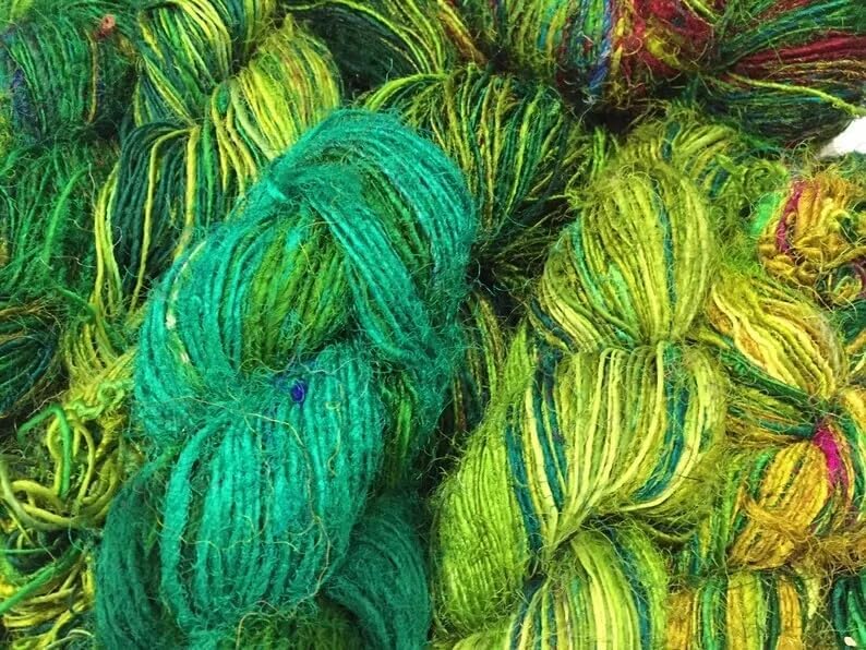 Knitsilk Regular Recycled Sari Silk Yarn - Ocean of Green (100 Grams, 50-70 Yards) Eco-Friendly Yarn, Knitting, Jewelry Making, Unique Craft Supplies
