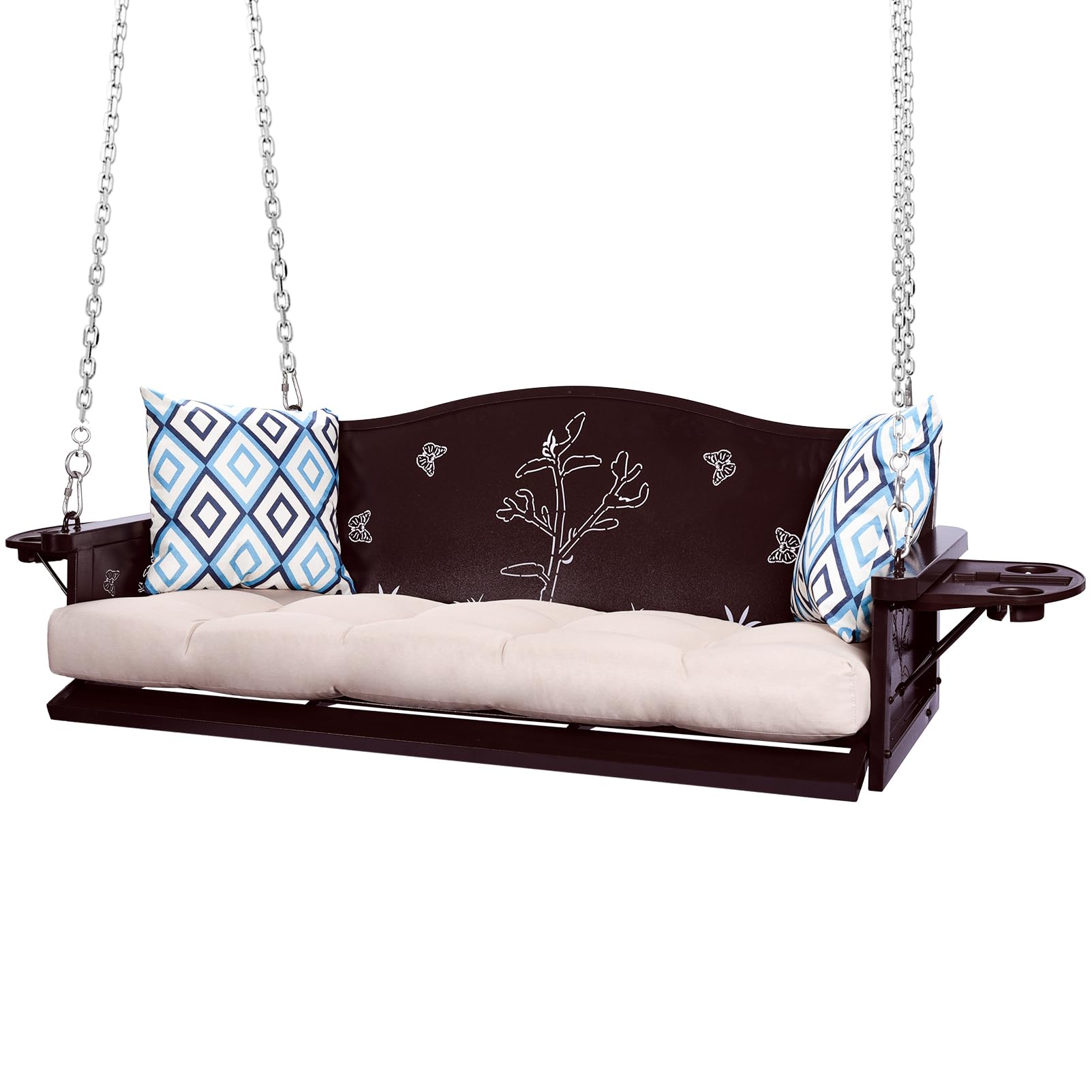 3-Seat Metal Porch Swing 900 LBS Heavy Duty Hanging Bench with Upgraded Tray &amp; Cushions Rust-Resistant Finish Swing Chair with 8.9FT Chains for Patio Lawn Garden