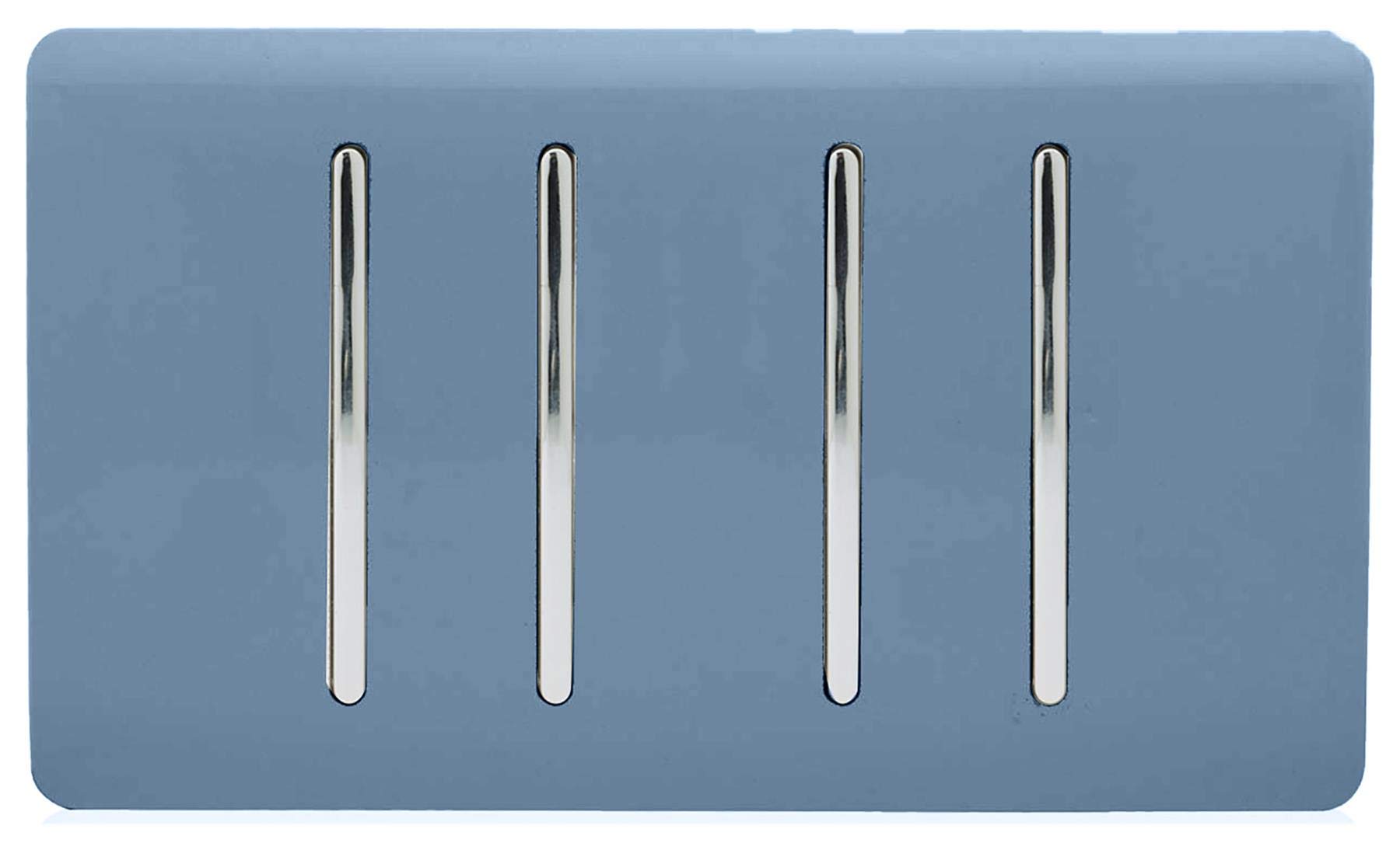 Trendi Switch Sky Trendi 4 Gang 2 Way 240V Screwless Raised Front Twin Plate Plastic Artistic Modern Glossy 10 Amp Chrome Rocker Quad Electrical Wall Light Switch Blue - Art-Ss44sk