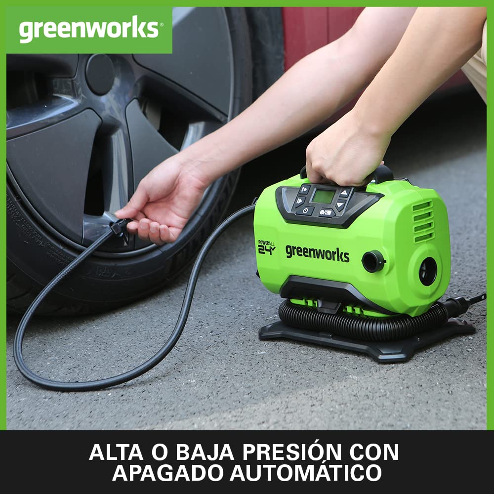 Greenworks G24IN Inflador Inalámbrico y Deflactor, 11 bar, Baja o Alta Presión, Apagado Automático con 3 Adaptadores y Manguera de 0,5 m SIN Batería de 24V y Cargador, Garantía de 3 Años