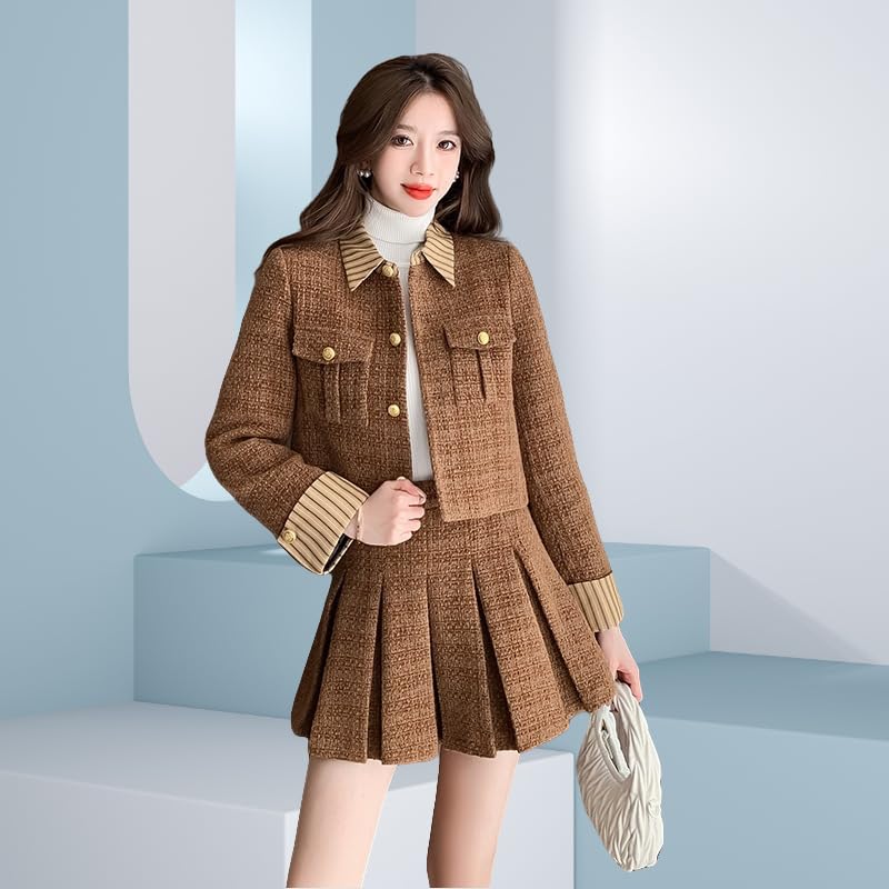 Ensemble veste d'hiver en tweed patchwork jupe plissée femme