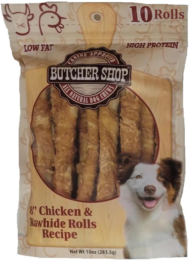 Butcher Shop 8” Chicken & Rawhide Rolls Dog Treats (2 Pack - 20 Rolls)
