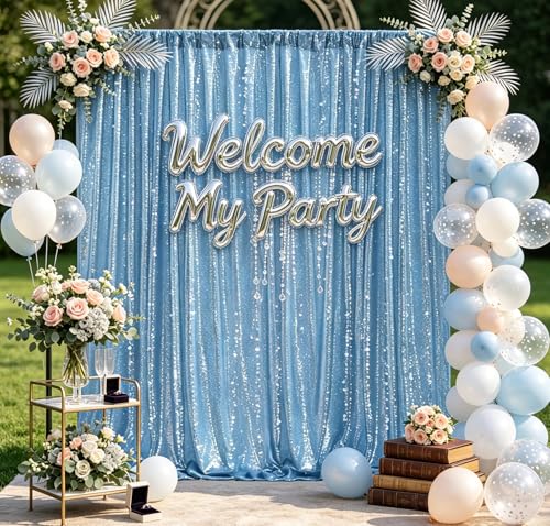 Image of Baby Blue Sequin Backdrop Curtain Drapes Background Party Decoration 8x10FT | Twilight Sparkle Glitter Fabric for Wall Photo Booth /Wedding /Baby Shower /Pincess Happy Birthday /Anniversary /Theme Party