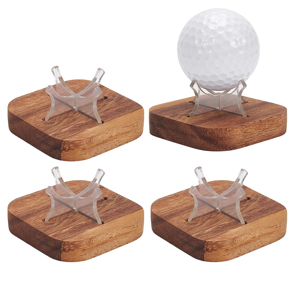 INFUNLY 4 Set Acrylic Baseball Display Stand Holder 2.4x2.4x0.5 Sport Ball Display Rack Walnut Wood Base with Clear Acrylic Support Small Ball Stand Holder for Golf Tennis Spheres Athletes Gifts