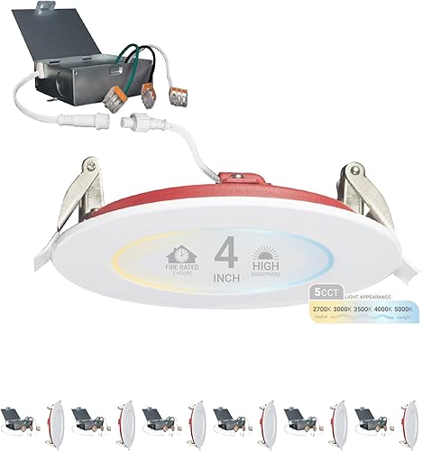 NUWATT Iluminación empotrable con clasificación de fuego de 2 horas, luces LED de oblea de 4 pulgadas, 2700 K/3000 K/3500 K/4000 K/5000 K