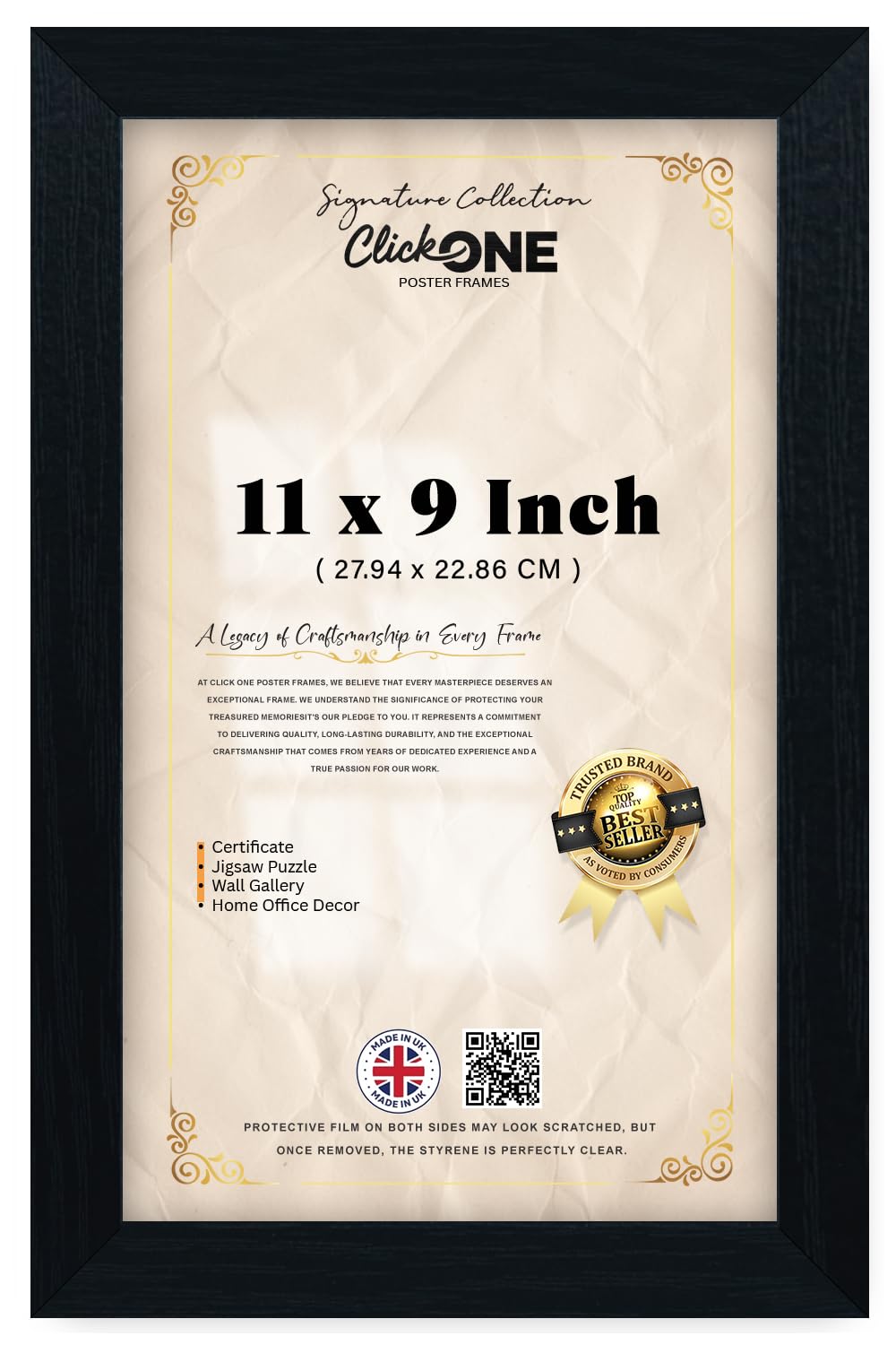 Click One Rectangle Poster Frame 11 X 9 Inch With Crystal Clear Perspex Front 27.94 X 22.86 Cm For Vertical And Horizontal Display Ideal For Homes Art Studios And Galleries In Black