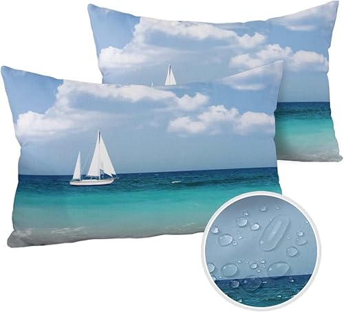 Miniatura 8 de Juego de 2 fundas de almohada impermeables con palmera de verano para sofá, fundas de almohada decorativas de plantas de playa tropical, 20 x 12