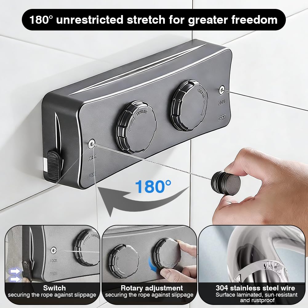 Filo per bucato allungabile, 2 corda in acciaio inox da 5,1 m, filo per bucato a parete estensibile, pulsante di serraggio regolabile per un supporto aggiuntivo, design anti-saggio, adatto per balcone