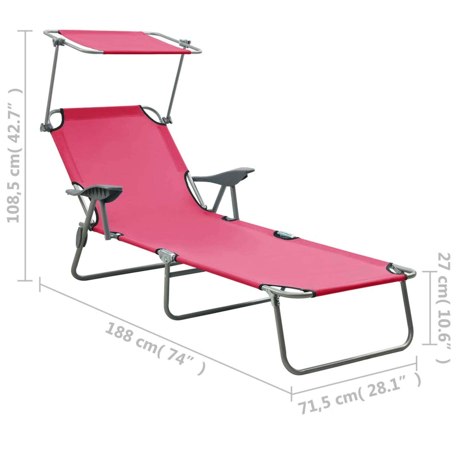 Festnight Sonnenliege Klappbar mit Dach Gartenliege mit Sonnenschutz Liegestuhl Faltbar Leicht Liege Klappliege Strandliege Campingliege Freizeitliege Relaxliege Pool Strand Stahl Rosa