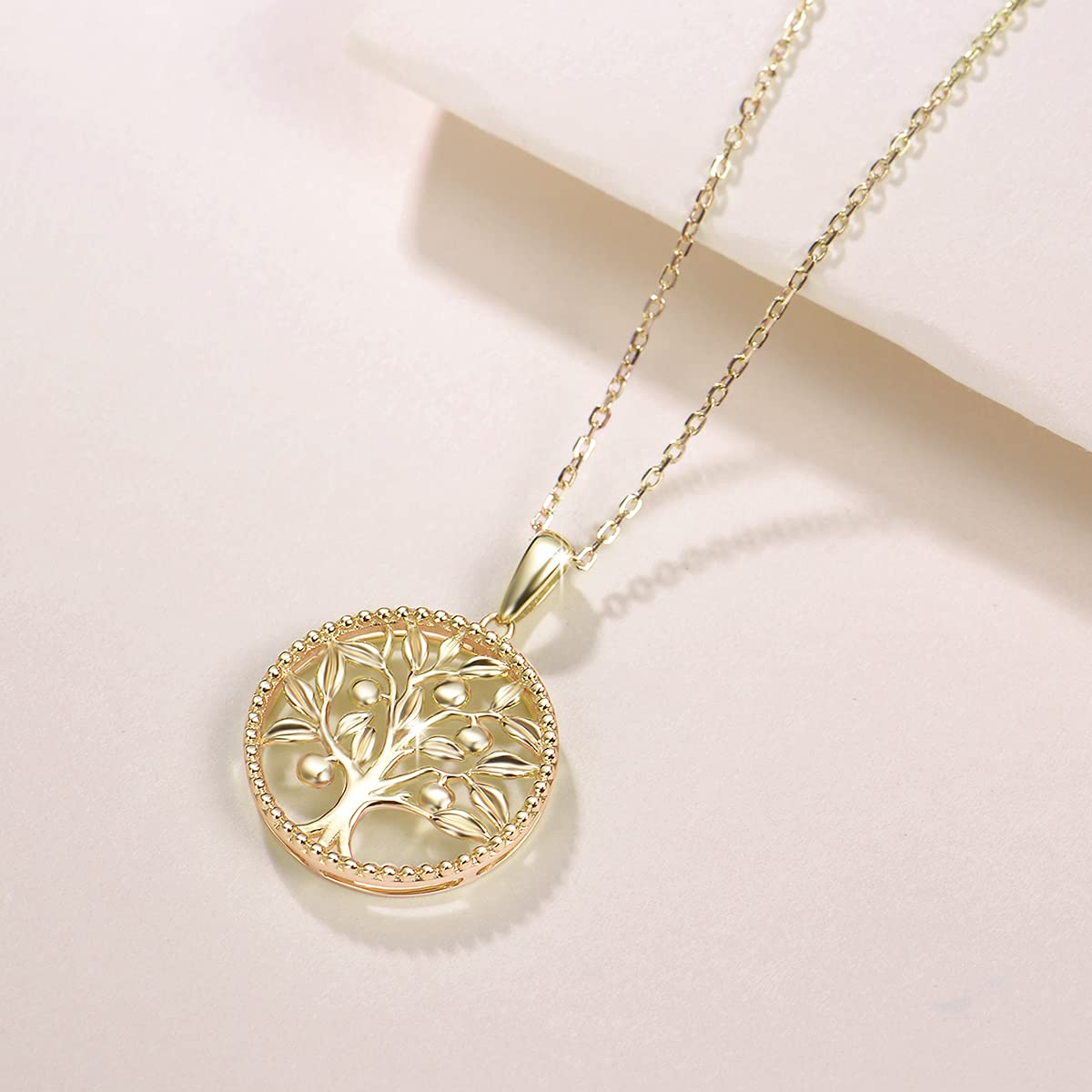 FANCIME Lebensbaum Kette aus Solide 14 Karat 585 Gelb Gold 15mm Durchmesser Anhänger Halskette Einfacher minimalistischer Geschenkschmuck für Damen Mädchen - Verstellbares Kettenlänge: 40 + 5 cm