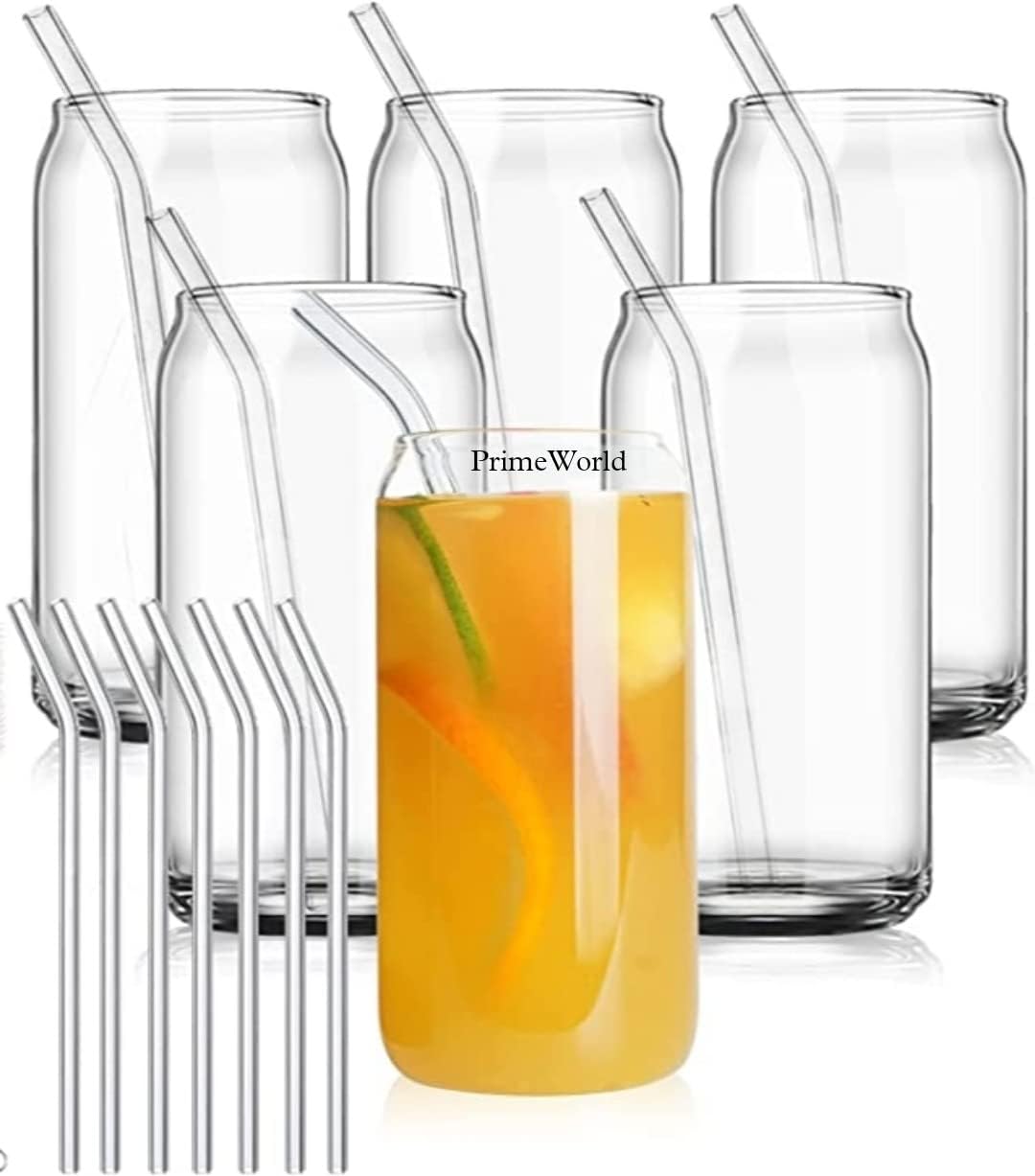 PrimeWorld European 400 ml Can Hi-Ball Glasses with Straw Set of 6 pcs - Tall Drinking Glasses for- Water, Juice, Colddrink, Mojito, Cocktail, Lead-Free, Perfect for Home, Restaurants and Parties