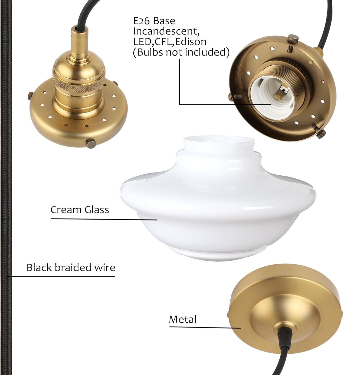 Pathson Modern Pendant Light with Milk White Glass, Vintage Ceiling Pendant Lighting Adjustable Textile Cord, Frosted Ceiling Fixture Lamp for Living Room Bedroom Kitchen Dining Room