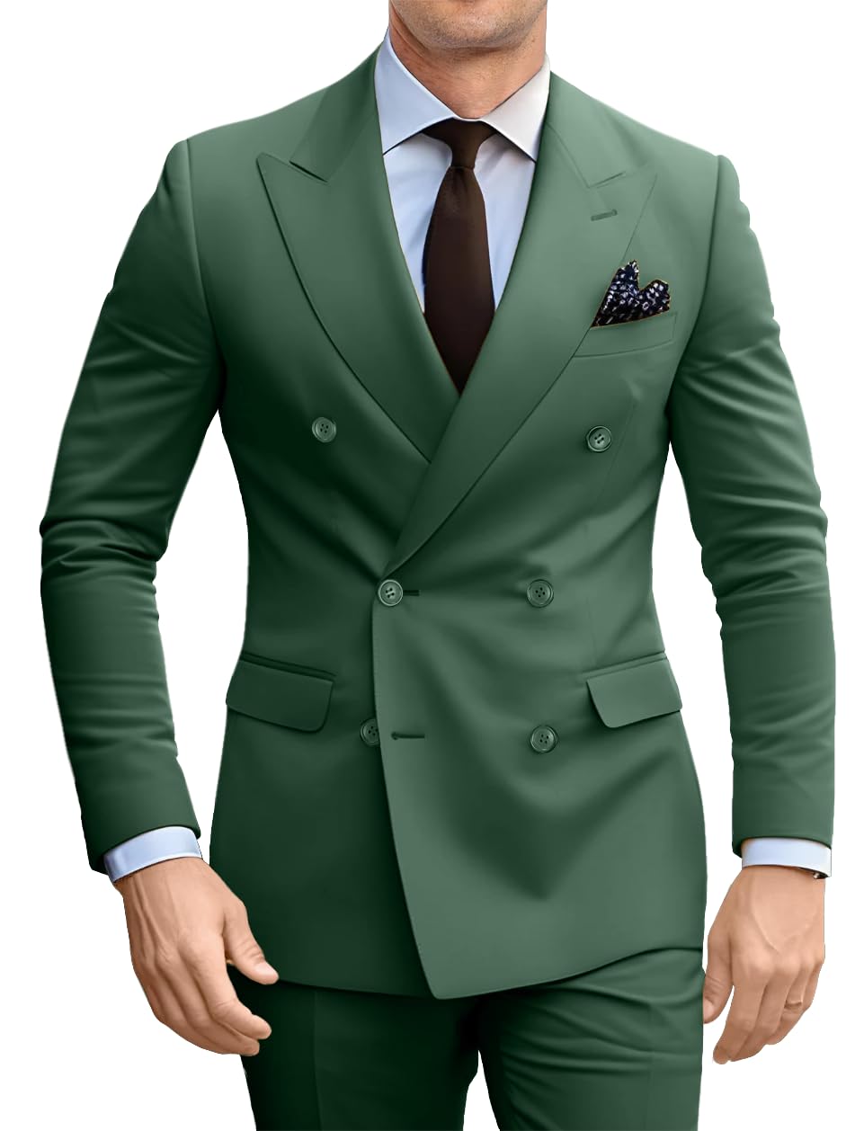 Photo 1 of Fesenbo Men's Double Breasted Suit - Olive Green XL