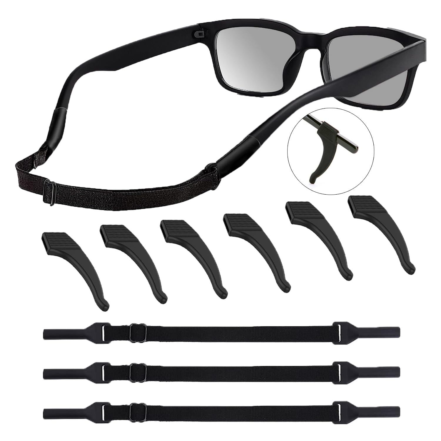 AOOTUERL 3 Piezas de Retenedor de Gafas Ajustable y 3 Pares de Ganchos Antideslizantes, Neopreno Cordón Gafas Elástico Cuerda para Gafas, Adecuado para Hombres, Mujeres y Niños（Negro）