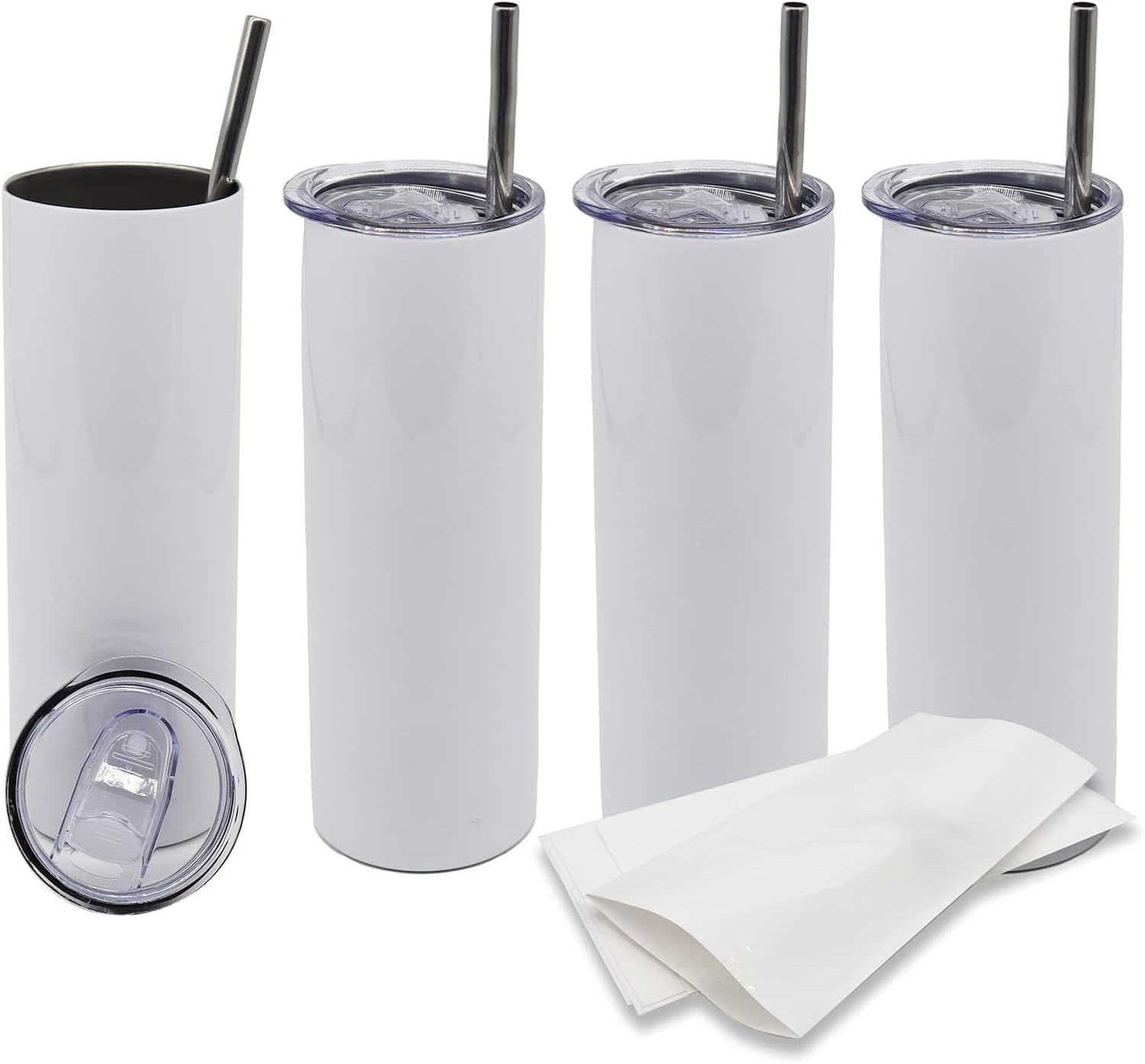 4 Stück Sublimation Rohlinge 20 oz Trinkhalm für Tassen, White Straight Bulk Edelstahl Tumbler, Sublimationsbecher für Wärmeübertragung, mit Deckel und Stroh, Schrumpffolie, einzeln verpackt