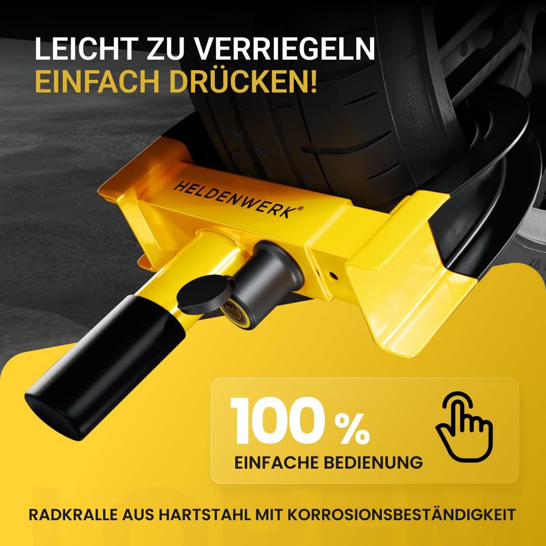 HELDENWERK Parkklauw wielklem met hoog veiligheidsslot en 3 sleutels, voor aanhanger, camper, caravan, auto, bandenklauw, autoklauw voor 18-30 cm bandbreedte (geel/rood