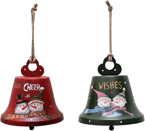 Veclotch Juego de 2 adornos colgantes de campana de Navidad, decoración rústica de árbol de Navidad, muñeco de nieve, adorno de cascabel de metal,