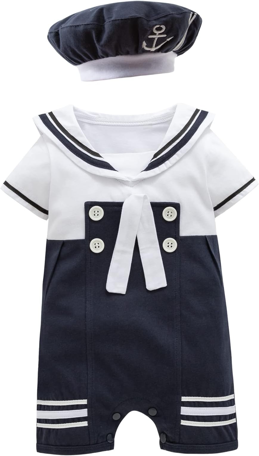 XM Nyan May's Baby Toddler Boys Sailor Marine Navy Romper Outfit with Hat, White, 18-24 Months