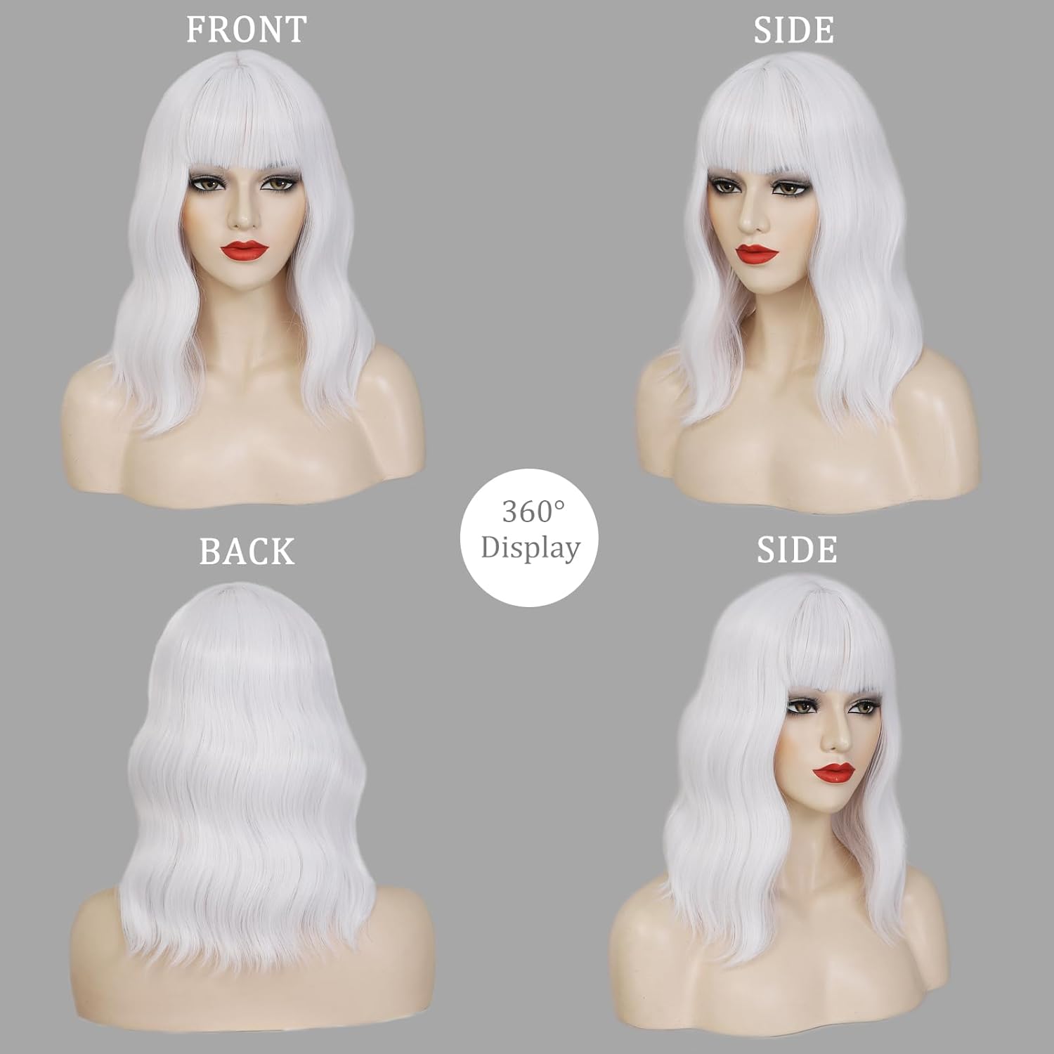 White Bob Wig with Bangs Short Wavy Wig for Women Loose Wavy Shoulder Length Colorful Synthetic Wig for Girl Cosplay Costume Wigs
