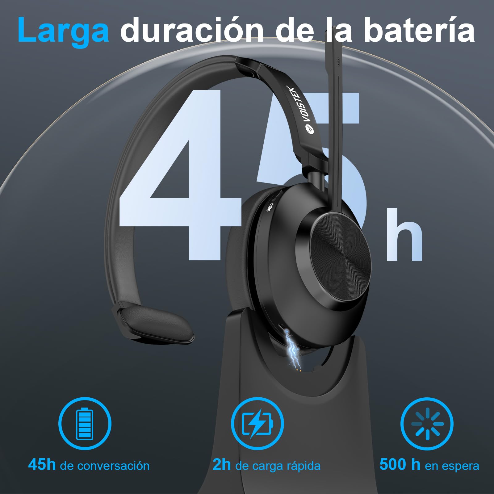 Voistek Auriculares Inalámbricos Bluetooth con Micrófono y Cancelación de Ruido, Dongle USB para PC, Botón de Silencio, Base de Carga, Ideales para Oficina, Reunión, Zoom, Call Center, Ordenador