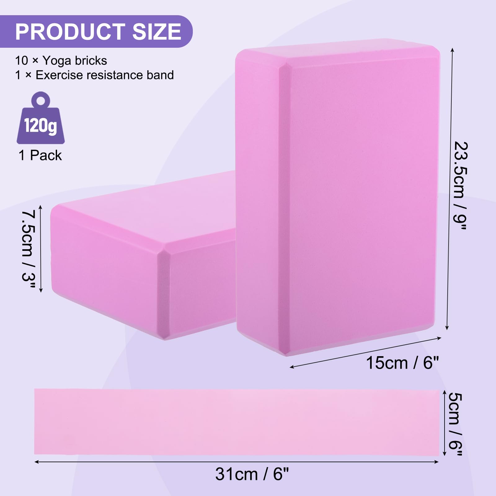Set di blocchi per yoga e fasce di resistenza in schiuma EVA ad alta densità, confezione da 10, antiscivolo, 22,9 x 15,2 x 7,6 cm, leggeri mattoncini da danza per donne, perfetti per palestra