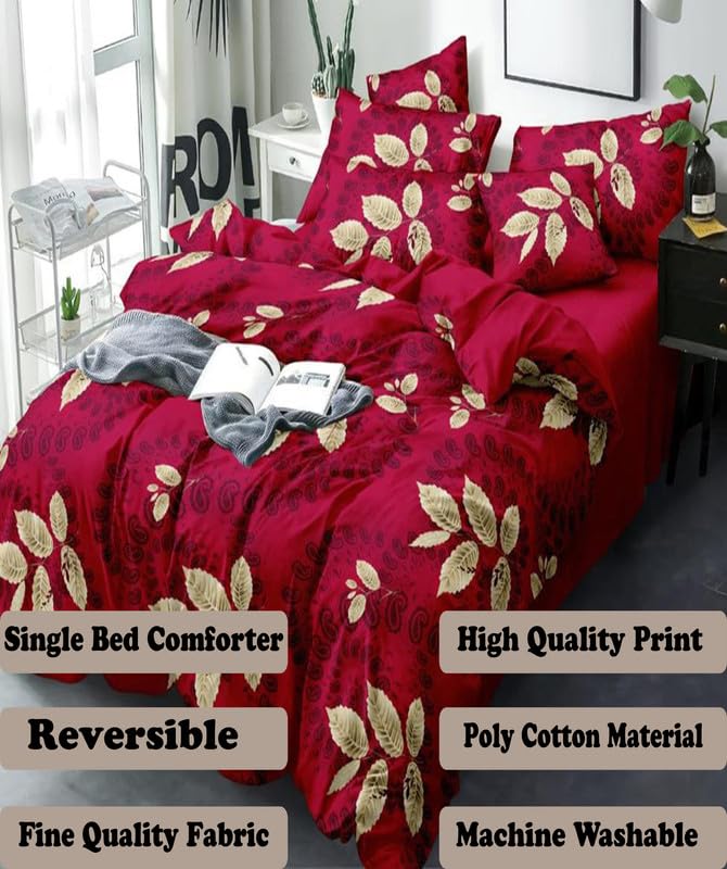 Image of Polycotton Polyester Polyfill 120 GSM Reversible Single Bed Comforter, Blanket, Queen (60x90 inch) Red & Golden