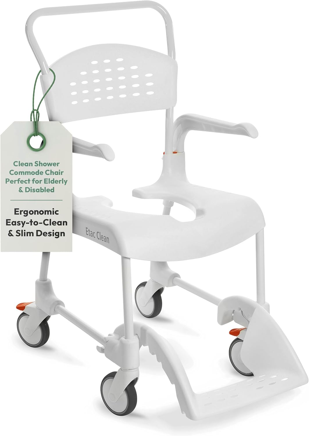 Etac Clean Shower Commode Chair for Elderly & Disabled – Shower Chair with Wheels, Ergonomic, Removable Armrests, Footrest & Pan Holder – Slim, Easy-to-Clean Design Fits Doorways