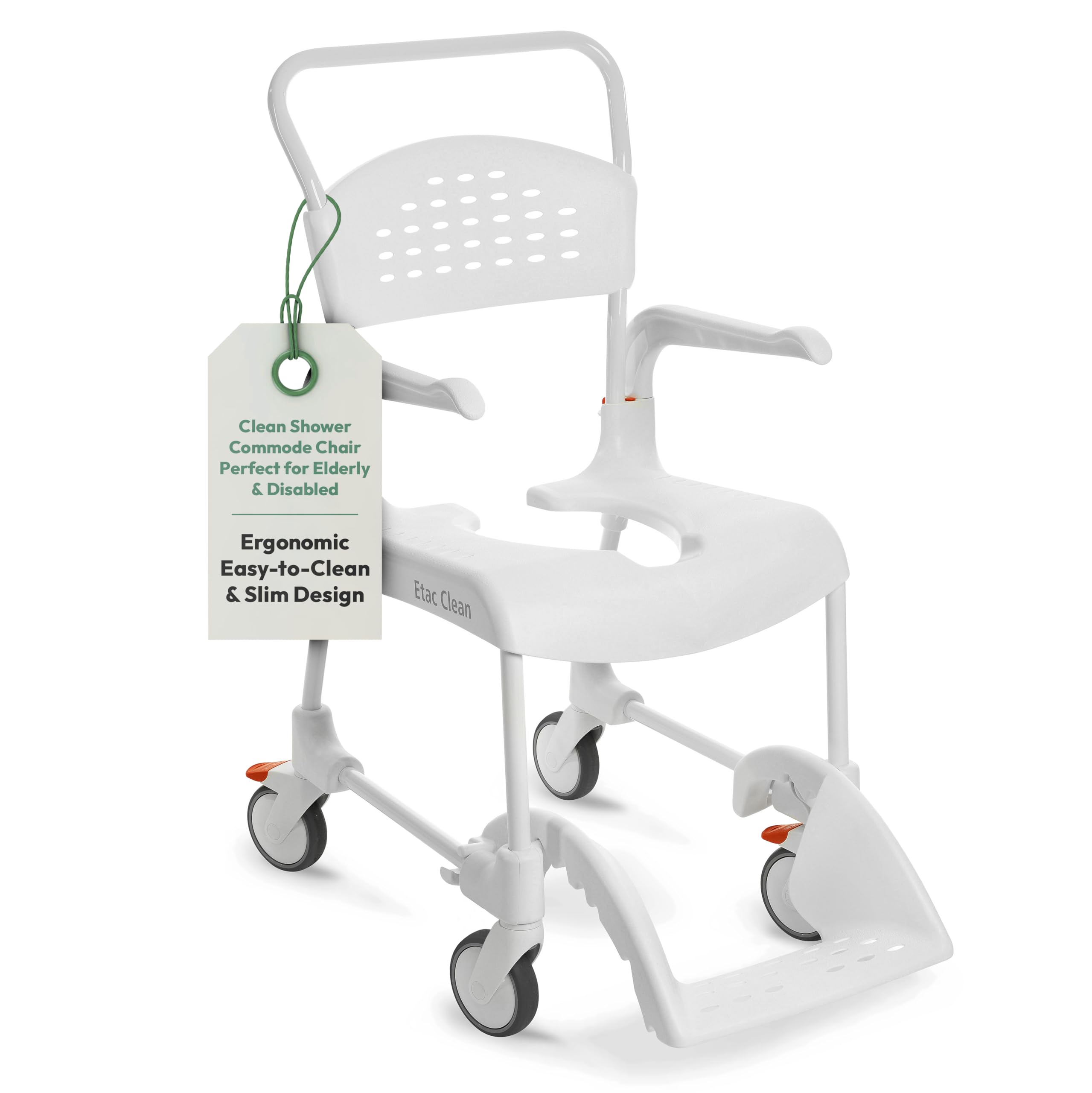 Etac Clean Shower Commode Chair for Elderly & Disabled – Shower Chair with Wheels, Ergonomic, Removable Armrests, Footrest & Pan Holder – Slim, Easy-to-Clean Design Fits Doorways