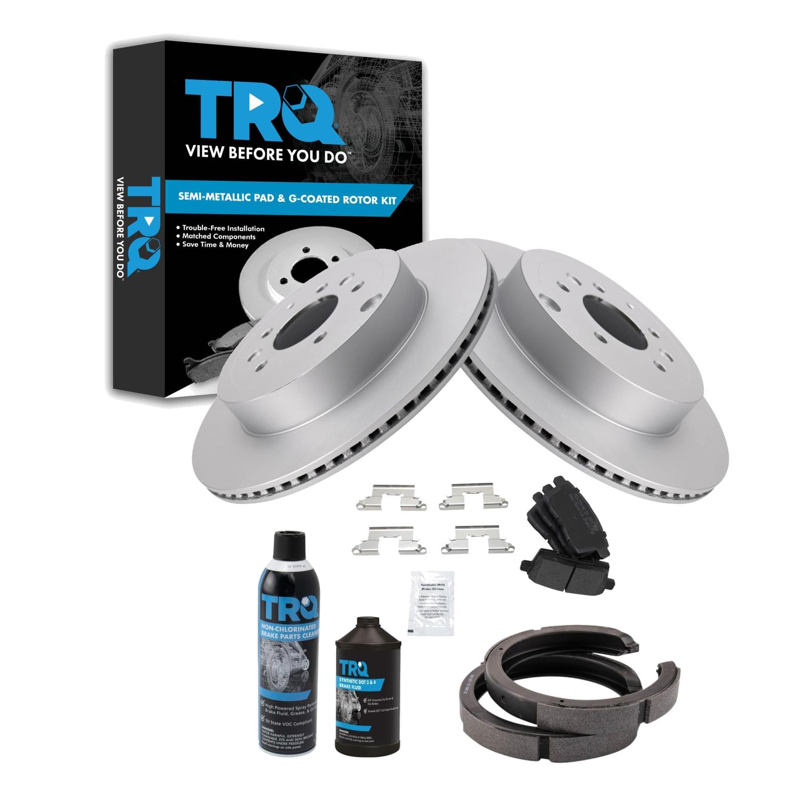 TRQ Rear Brake Pad &amp; Rotor Kit with Chemical Kit Parking Brake Shoe Set