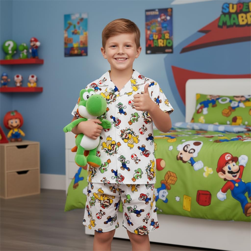 Super Mario Boy's Pajama Set - 2 Piece Boys Flannel Coat Style Short Matching PJs, Kids Button Down Pajamas - Official