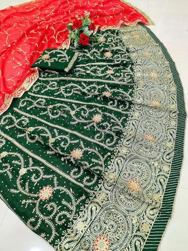 Image of Fancy Heavy Embroidery Work Shimmer Silk Semi-stitched Rajasthani Poshak Rajputi Lehenga Choli For Women