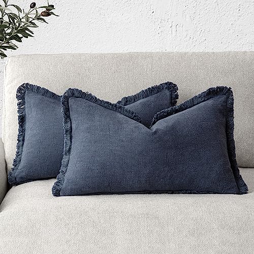 Image of Foindtower Set of 2 Decorative Linen Fringe Lumbar Throw Pillow Covers Boho Farmhouse Cushion Cover with Tassels Soft Cozy Accent Pillowcase for Sofa Couch Living Room Home Decor,12x20 Inch,Navy Blue