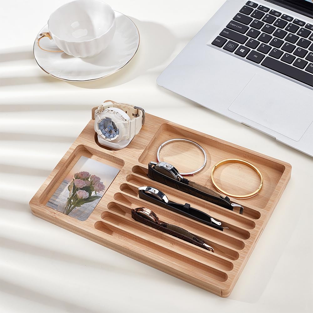 OLYCRAFT Organizador de correa de reloj de madera con pantalla de silicona, 19 x 26,5 x 2 cm, bandeja de pantalla grande con estación de carga, correas de reloj, relojes, bandeja de almacenamiento