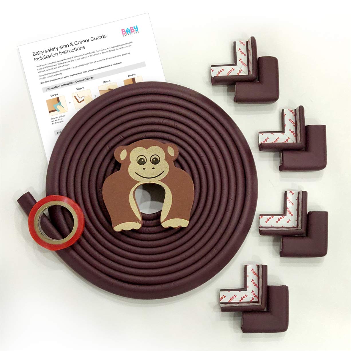 BabySafeHouse Edge Guard and Corner Protector – Extra Long 19ft (Pre-Taped 16.5ft Edge + 8 Pre-Taped Corner Guards) and Monkey Shape Door Stopper (Brown Color) for Baby Proofing & Child Safety