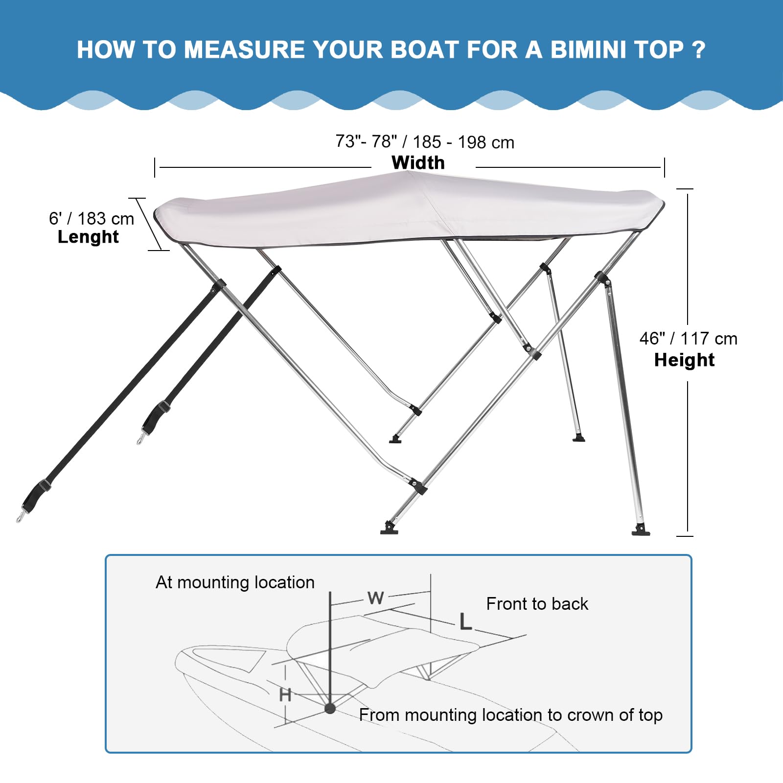 3 Bow Bimini Top Cover for Boat, 900D Canvas Boat Canopy - 6'L x 46
