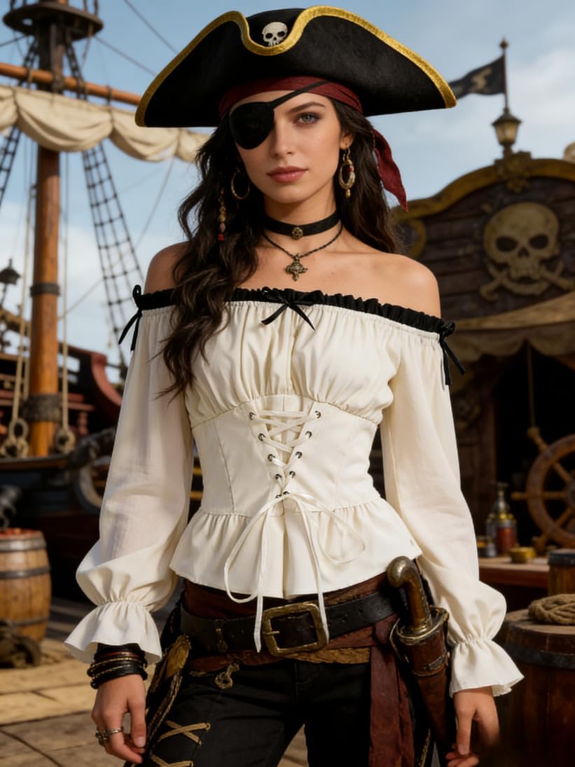 Renaissance Shirt Women, Pirate Costume Cosplay Off Shoulder Long Sleeve Top Breathable Stretchy Peasant Blouses