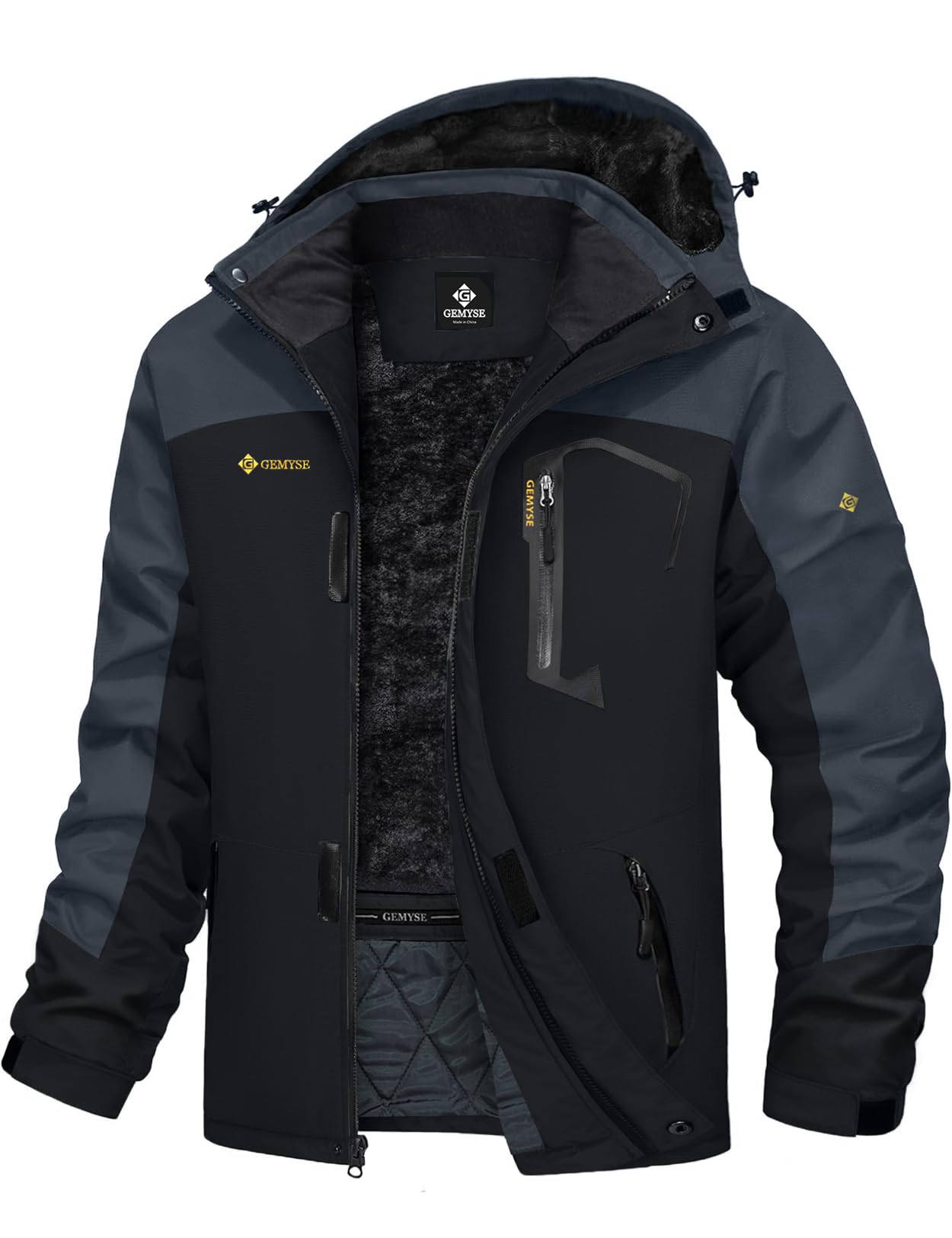 GEMYSE Herren Warme Skijacke Berg Winddicht Wasserdicht Atmungsaktiv Multi-Pocket Outdoor-Winterjacke mit Kapuze