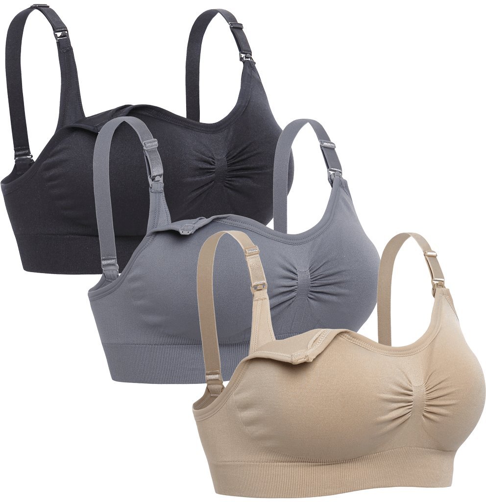 Lataly Womens Seamless Nursing Bra Sleeping Maternity Bralette for Breastfeeding, Black Beige Pink, M