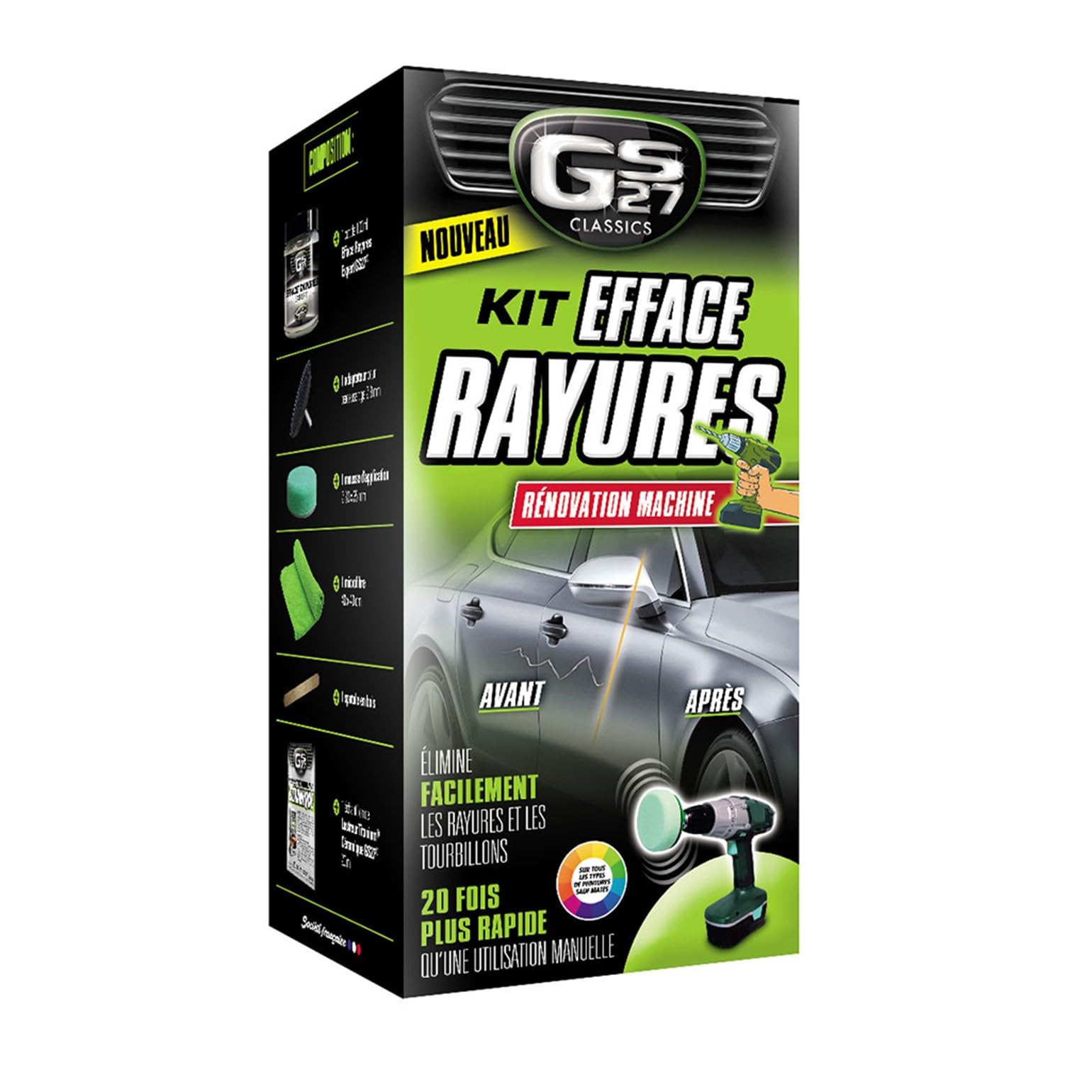GS27 - Kit Efface Rayures Voiture en Mousse- À Utiliser Avec Une Perceuse - Élimine Facilement Les Rayures De La Carrosserie