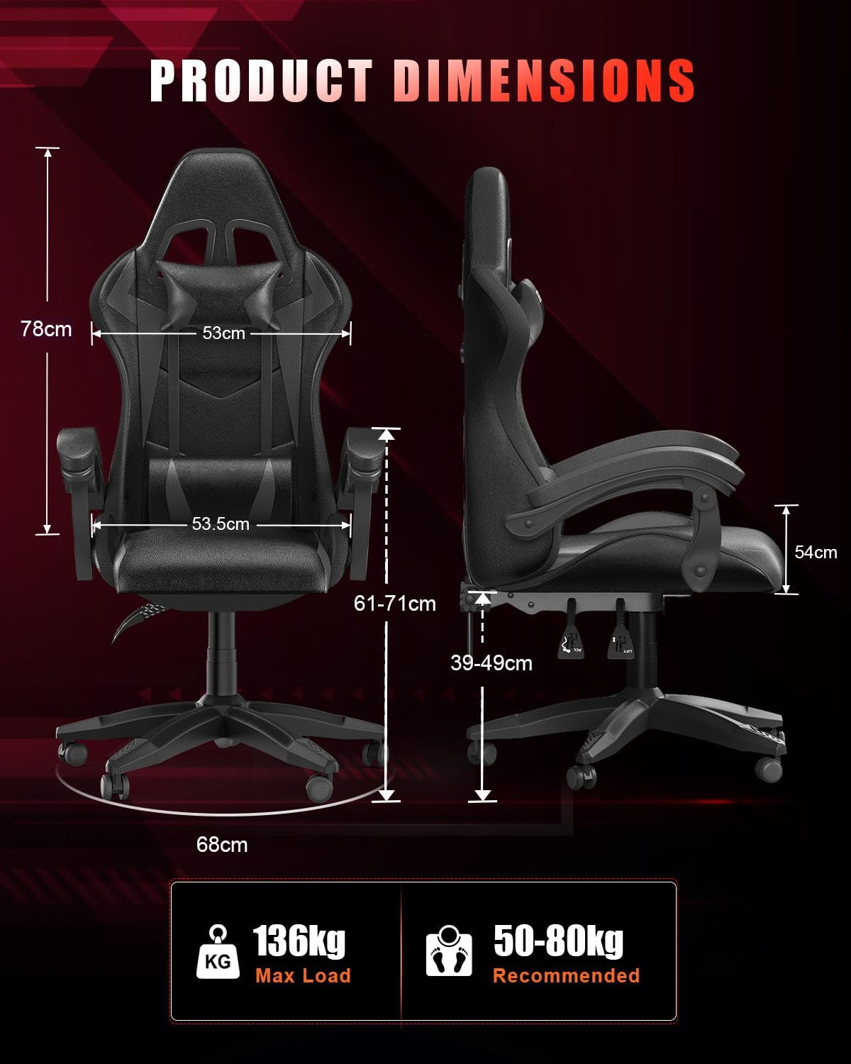 Gaming Chair with RGB LED Lights, Ergonomic Computer Chair with Headrest and Lumbar Support, PU Leather High Back Height Adjustable Swivel Video Game Chairs for Adults(Black)