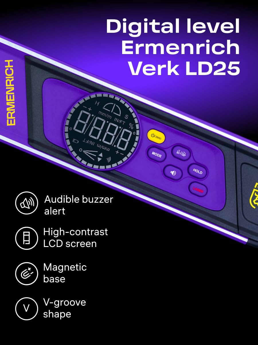 Verk LD25 Cyfrowy Kątomierz Poziomica Laserowa Magnetyczna | Zakres 0–360°, Czujnik Nachylenia z 2 Liniami Lasera, LCD, IP54 Wodoodporny, 2 Baterie, Drewno, Budowa