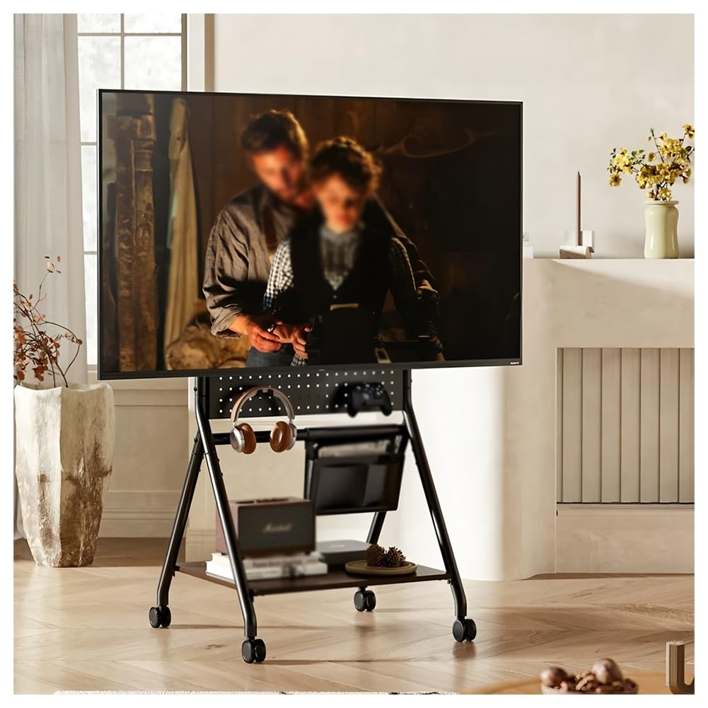 JKJZSALJ Black Mobile Tv Stand, Mobile Tv Cart With Perforated Board Storage, Height Adjustment Portable Rolling Tv Stand, Tv Floor Stand Mount On Wheels 43-86" Tvs