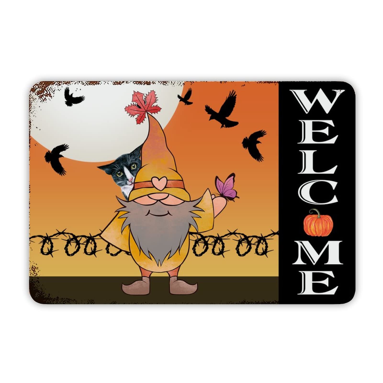 ENEDNATE Farmhouse Rustic Aluminum Sign Welcome Halloween Pumpkin Gnomes Cat Bat Metal Sign Retro Aluminum Tin Sign for Kitchen Bedroom Living Room Wall Art Door Hanger Home Decor Sign 8x12 Inch