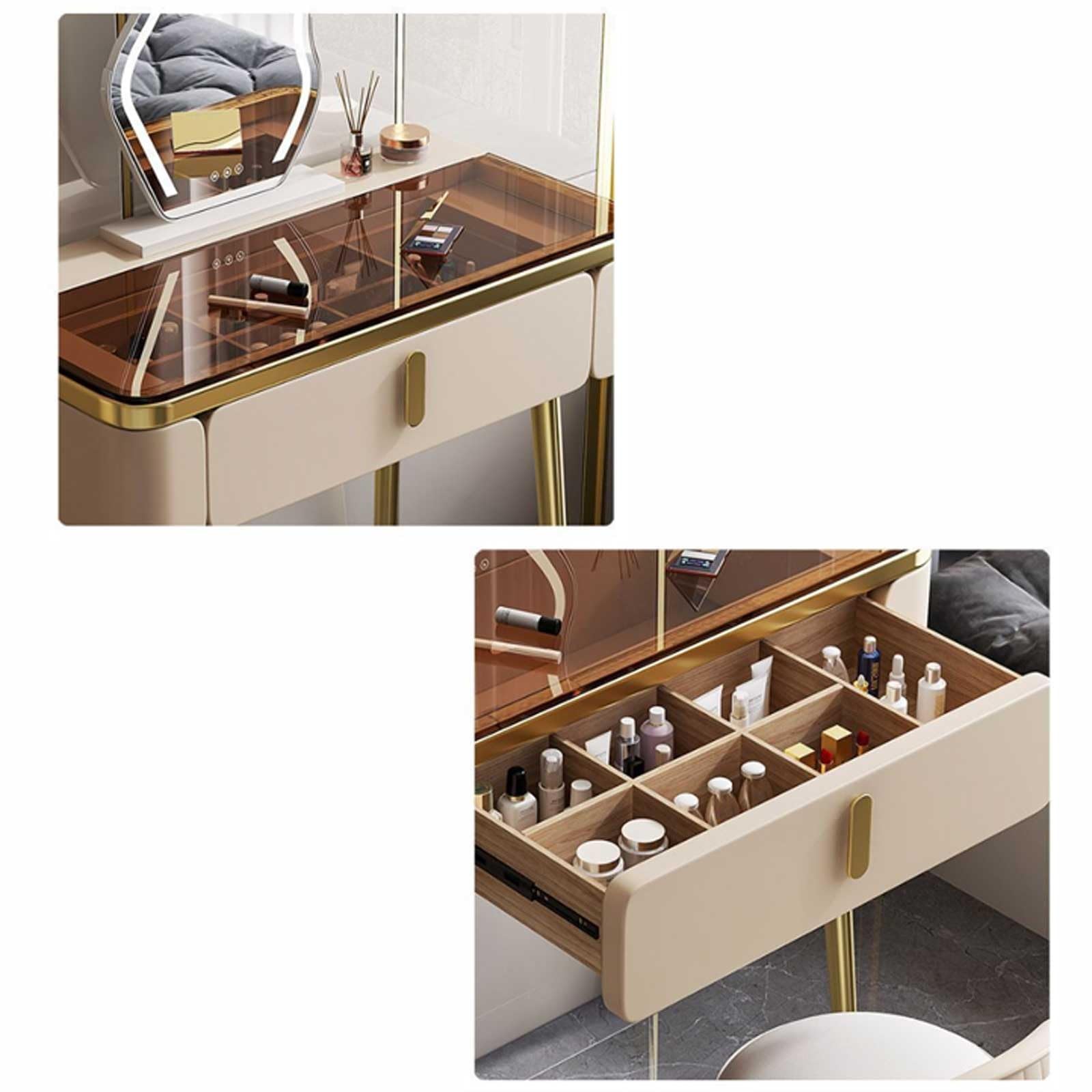Glam Make-up-Set mit Spiegel und Stuhl, stilvoller Champagner mit Metallbeinen für Schönheits- und Make-up-Liebhaber für Mütter