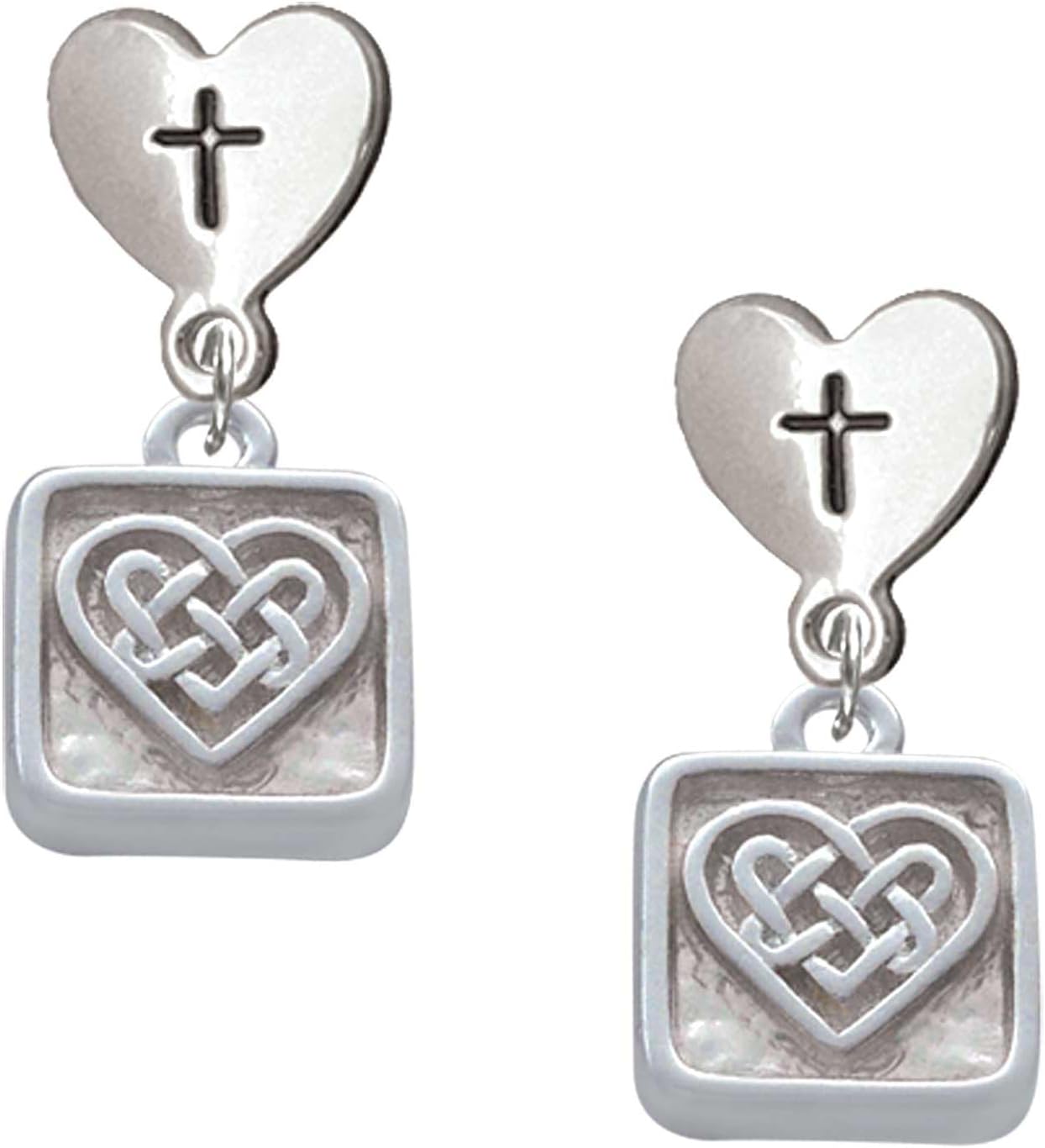 Delight Jewelry Silvertone Celtic Knot Heart - Square Seal Cross in Heart Post Dangle Earrings