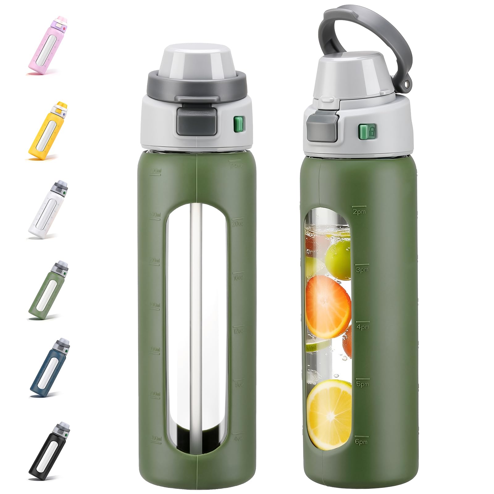 BLUEGO 2-in-1 Borosilikatglas Trinkflasche mit Strohhalm für Sport und Reisen, Trinkflasche 700ml mit Silikonhülle, Auslaufsicher, BPA-frei, Olivgrün
