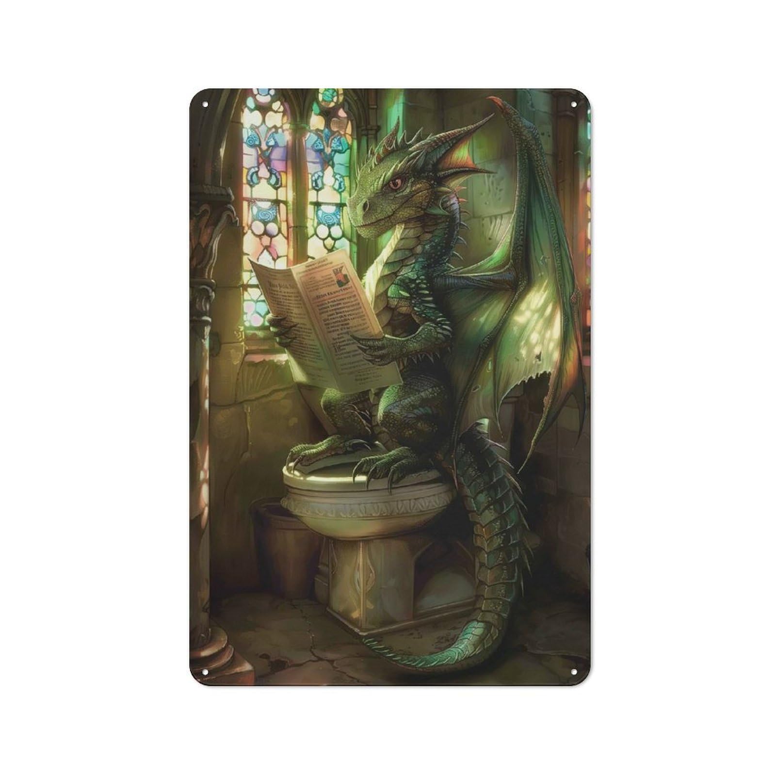 Junmoney Dragon On Toilet Newspaper Printed Metal Sign 30X20cm For Hobby Room Or Studio, For Creative Interior Collectors