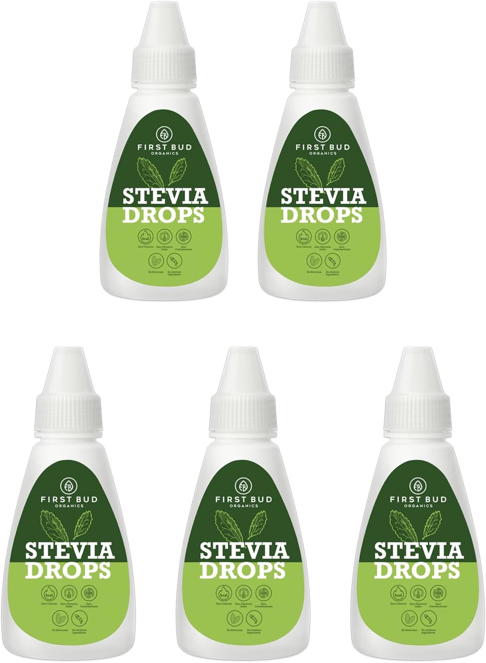 First Bud Organics Pure Stevia Drops - 20ml x 5 | Zero Calorie, Natural Sweetener, Non-GMO & Sugar-Free Stevia Drops | Sugar Substitute For 2000+ Serving, Low Glycemic index & Promote Oral Health