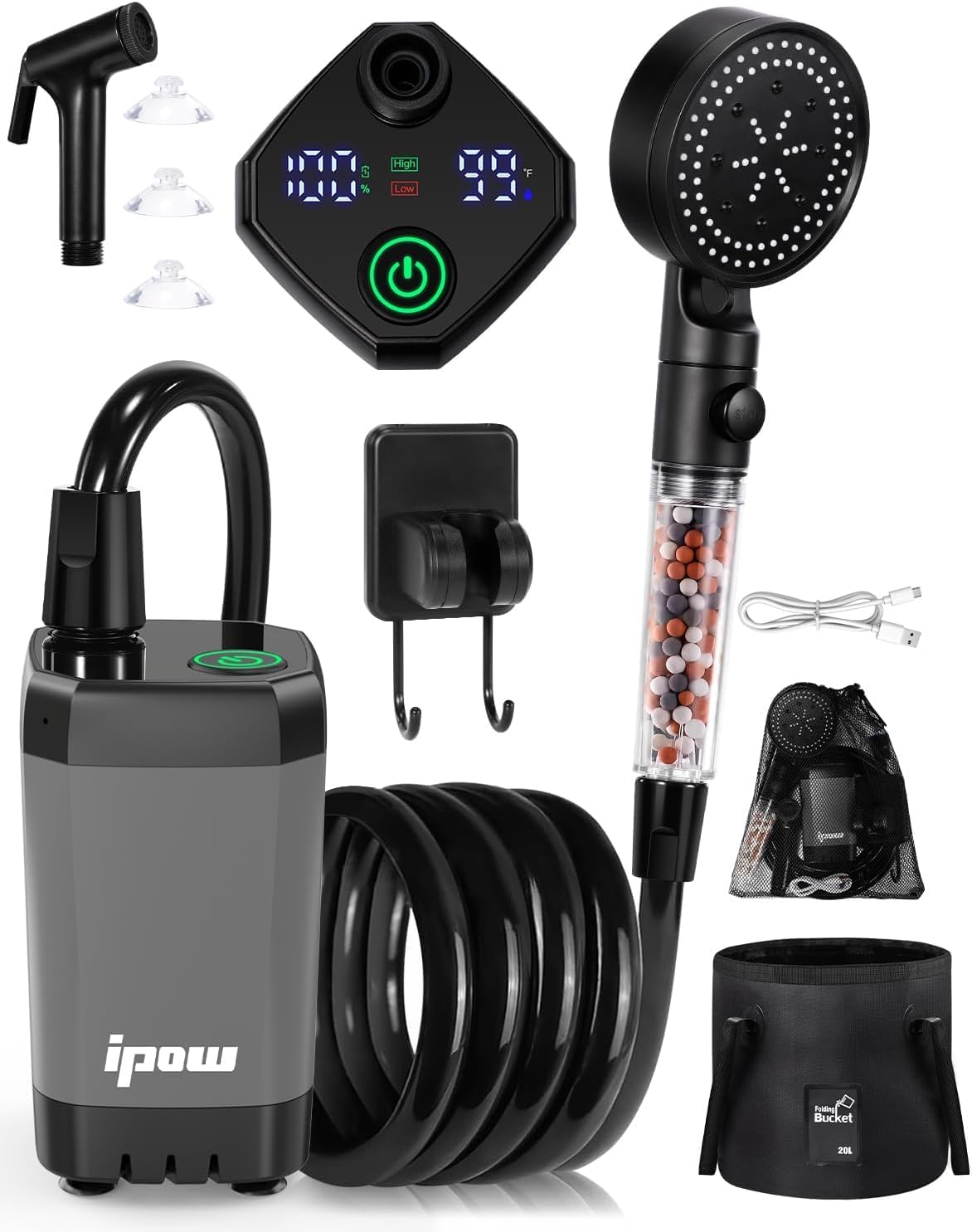 Portable Camping Shower Kit: 5 Spray Modes, 150 Min Run Time, IPX7 Waterproof