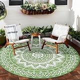 VSIWB Outdoor Teppich Rund Wetterfest Wendbarer Außenteppich Kunststoff Bodenmatte Terrassenteppich Picknickdecke UV-beständige Teppich für RV Camping BBQ Patio Deck Balkon Strand, 180cm Grün/Weiß